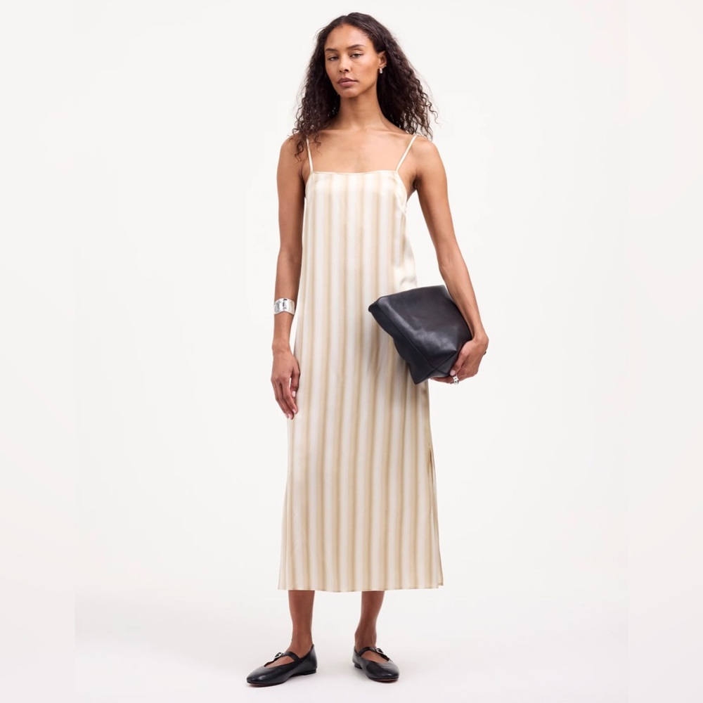 NWOT Madewell Midi Slip Dress in Stripe 100% Silk - 6 - Faded Khaki